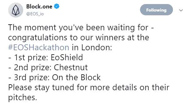 THE WINNERS OF THE 3RD EOS HACKATHON IN LONDON HAVE BEEN ANNOUNCED