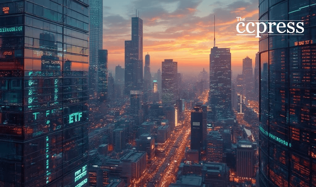 Blockchain cryptocurrencies financial district skyline at sunset, digital stock market technology, investment, finance, and trading concepts.