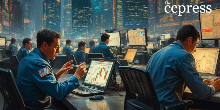 bustling city traders oil art