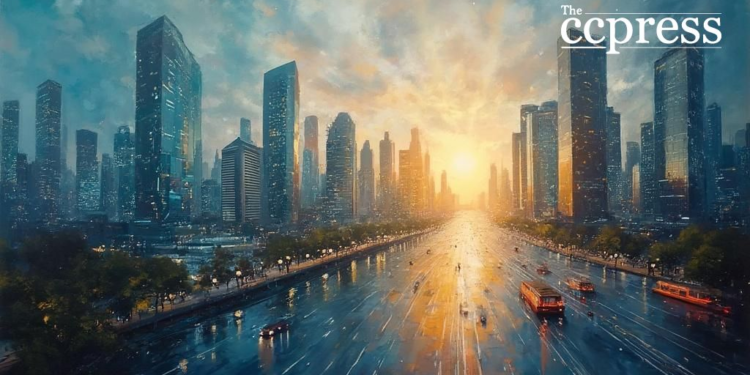 urban tech cityscape oil art
