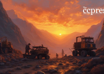 bitcoin miners at sunset painting
