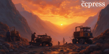 bitcoin miners at sunset painting