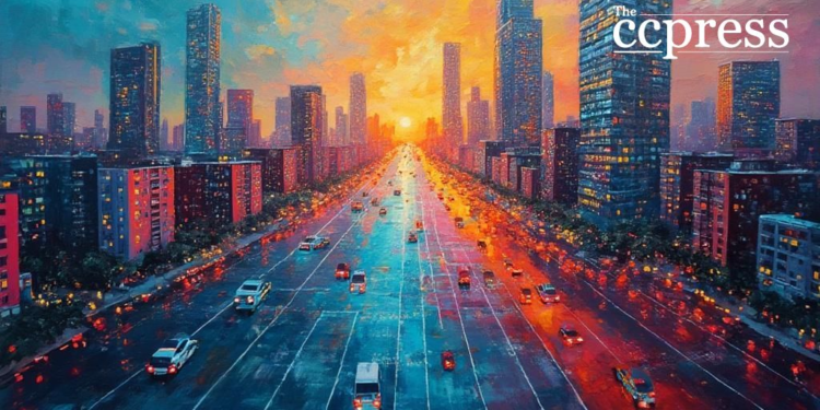 blockchain dynamics cityscape art