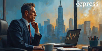 businessman bitcoin sunrise view