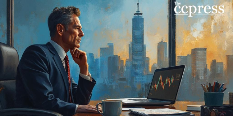 businessman bitcoin sunrise view