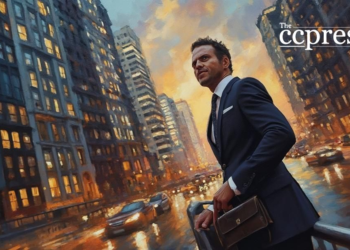 businessman crypto cityscape painting