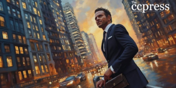 businessman crypto cityscape painting
