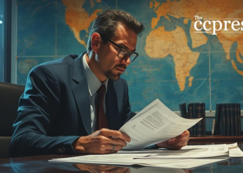 businessman reviewing tariffs painting