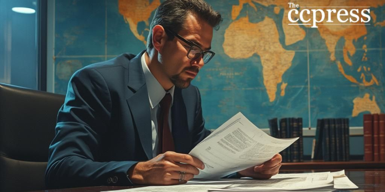 businessman reviewing tariffs painting