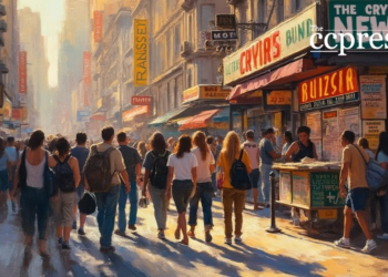 bustling city crypto newsstand