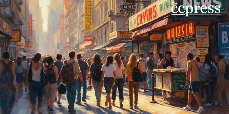 bustling city crypto newsstand