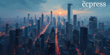 bustling city skyline oil painting