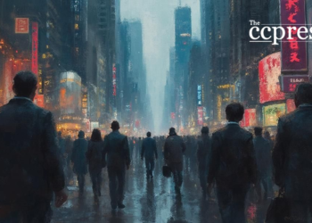 bustling city turmoil painting