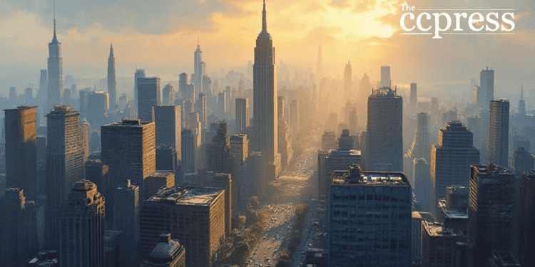 bustling cityscape morning light