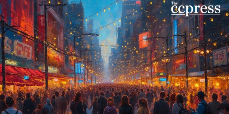 bustling cityscape oil painting