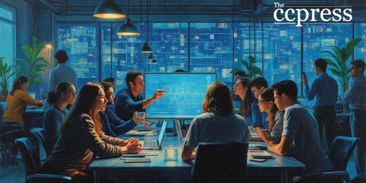 bustling crypto office painting
