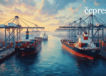 bustling european port city scene