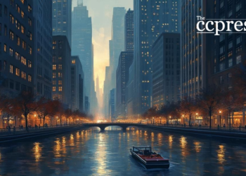 bustling evening cityscape art