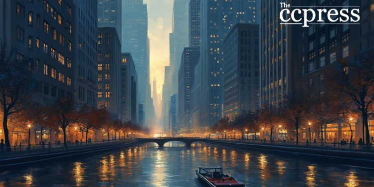 bustling evening cityscape art