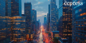 bustling financial district oil