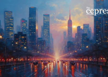bustling financial hub dusk painting