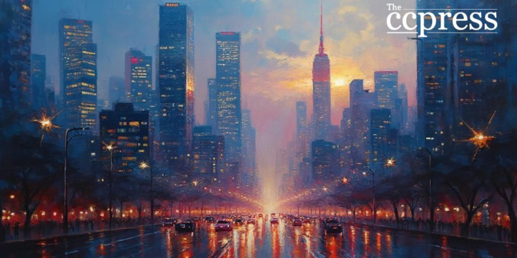 bustling financial hub dusk painting