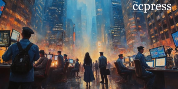 bustling financial market scene