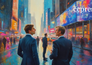 bustling fintech cityscape art