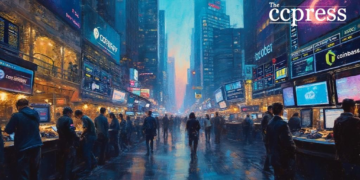 bustling stock exchange painting