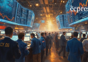 bustling stock exchange scene