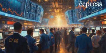bustling stock exchange scene