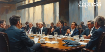 bustling stock market meeting painting
