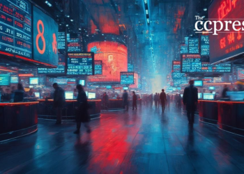 bustling stock market oil painting