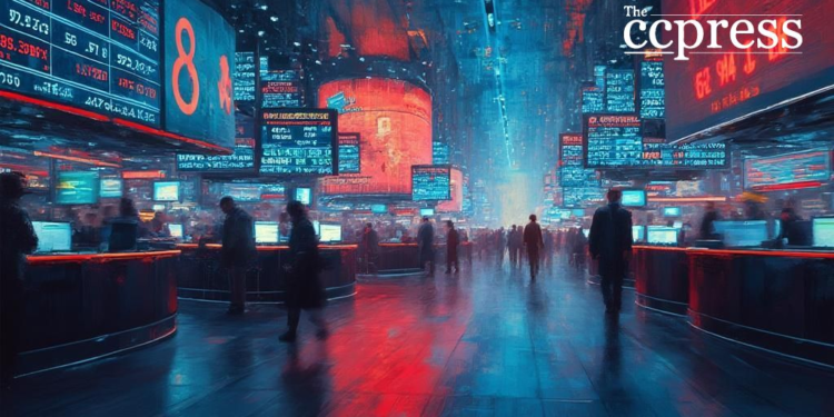 bustling stock market oil painting