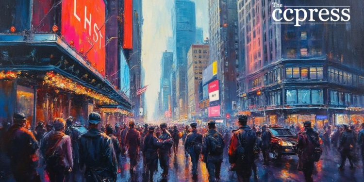 bustling stock market scene