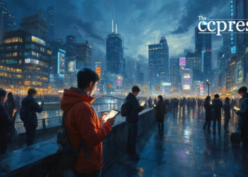 bustling urban tech scene painting