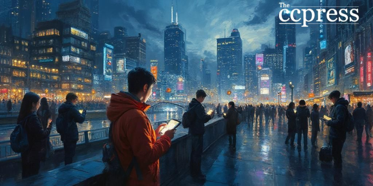 bustling urban tech scene painting