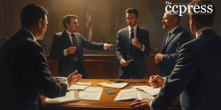 courtroom showdown oil painting