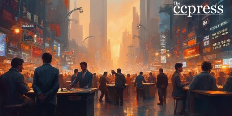 crypto market bustle painting