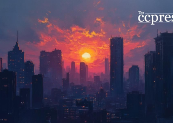 dramatic urban skyline dusk