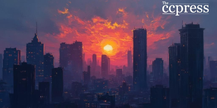 dramatic urban skyline dusk