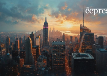 dusk financial district scene
