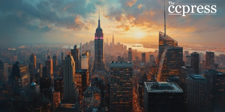 dusk financial district scene