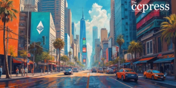 ethereum skyscrapers oil painting