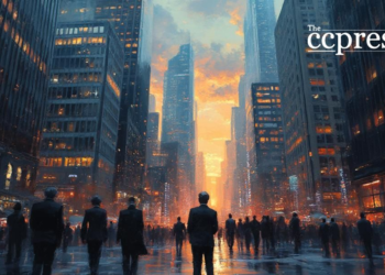financial district dusk chaos