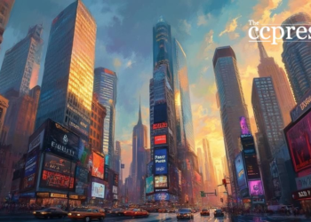 financial hub oil painting scene