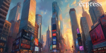 financial hub oil painting scene