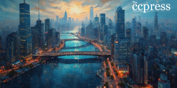 futuristic blockchain cityscape