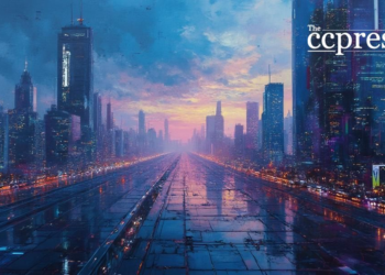 futuristic cityscape at dusk