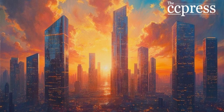 futuristic cityscape bitcoin rise